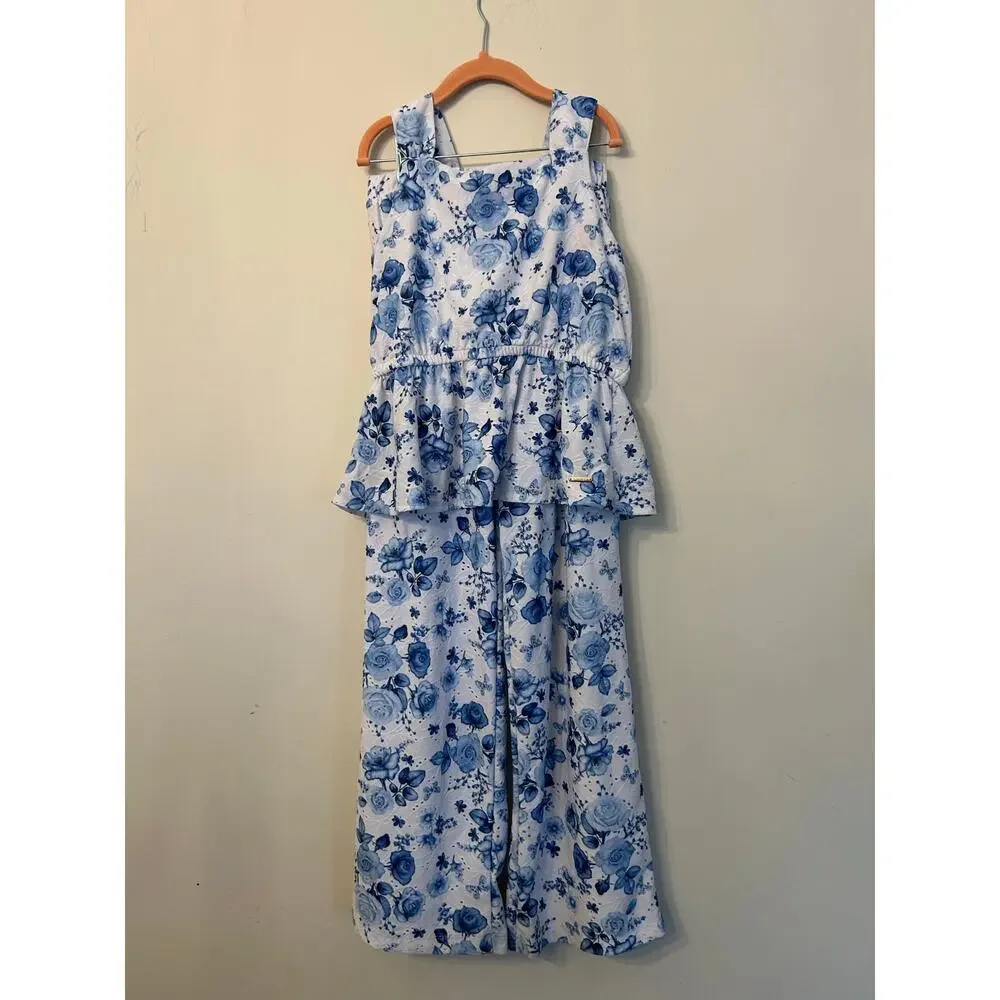 Tahari Girls Blue White Floral 2 Pc Matching Set Peplum Top Wide Leg Pants Sz 12